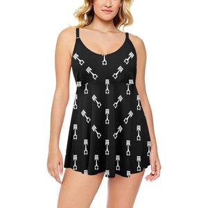 Engine Piston Black Theme Pattern Print Design 03 Chest Sexy Pleated Two Piece Swim Dress