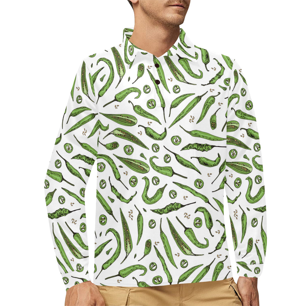 Hand drawn sketch style green Chili peppers patter Men's Long Sleeve Polo Shirt