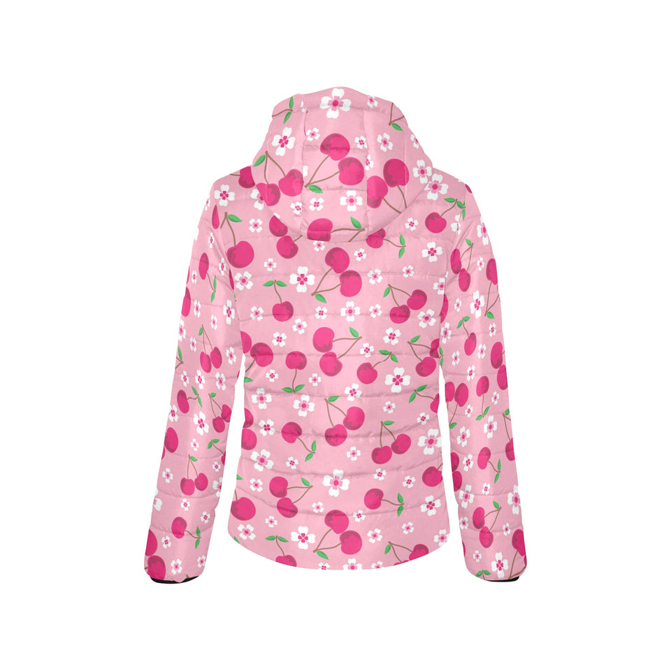 cherry flower pattern pink background Women's Padded Hooded Jacket