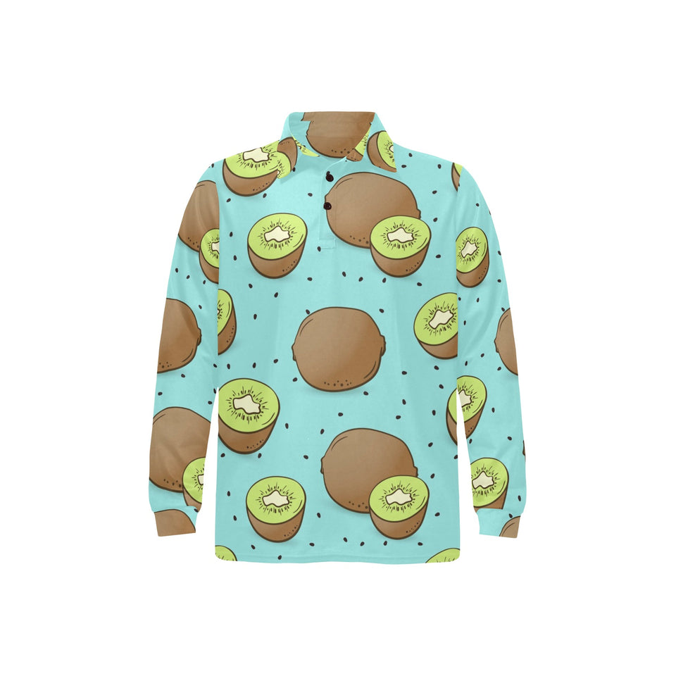 Kiwi blue background Men's Long Sleeve Polo Shirt