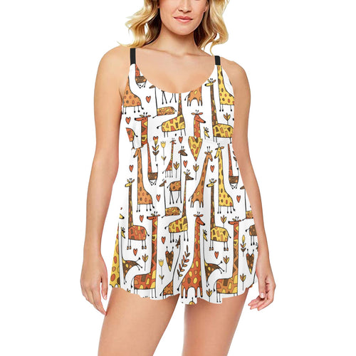 Giraffe Pattern Print Design 04 Chest Sexy Pleated Two Piece Swim Dress
