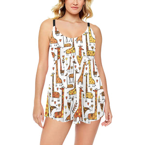 Giraffe Pattern Print Design 04 Chest Sexy Pleated Two Piece Swim Dress