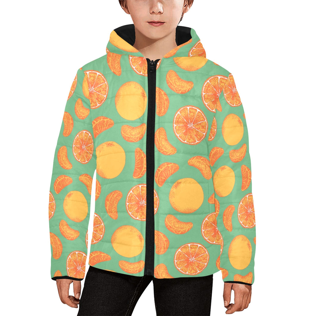 orange fruit pattern green background Kids' Boys' Girls' Padded Hooded Jacket