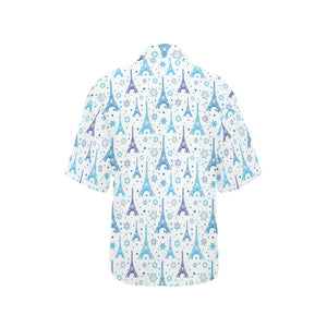 Blue Eiffel Tower Theme Pattern Print Design 01 Women's All Over Print Hawaiian Shirt