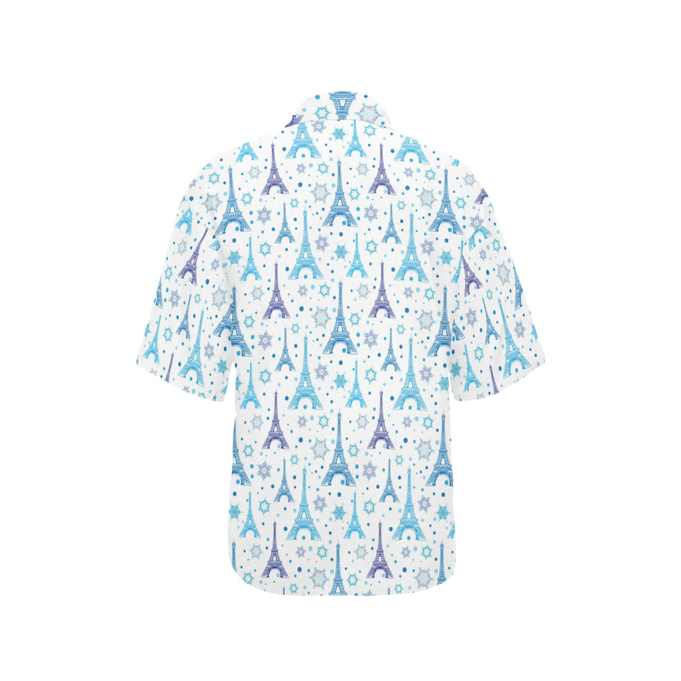 Blue Eiffel Tower Theme Pattern Print Design 01 Women's All Over Print Hawaiian Shirt