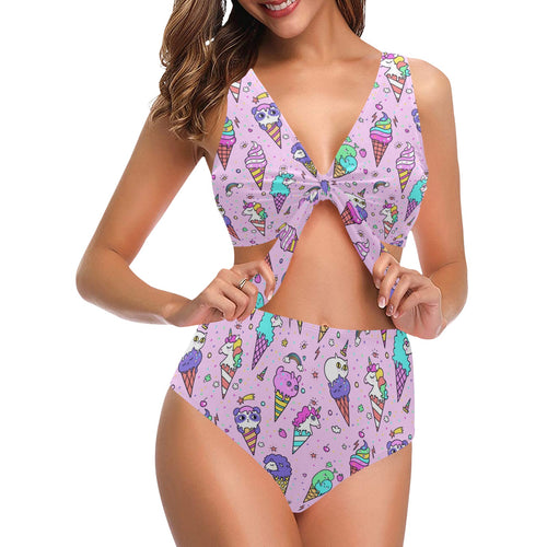 Cute ice cream cone animal pattern Chest Bowknot High Waisted Bikini Swimsuit