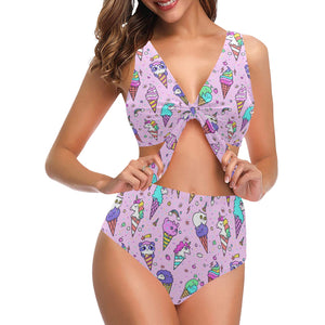 Cute ice cream cone animal pattern Chest Bowknot High Waisted Bikini Swimsuit