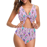 Cute ice cream cone animal pattern Chest Bowknot High Waisted Bikini Swimsuit