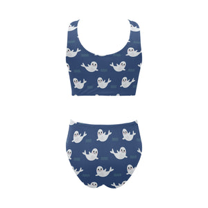 Cute white baby sea lion seal pattern Chest Bowknot High Waisted Bikini Swimsuit