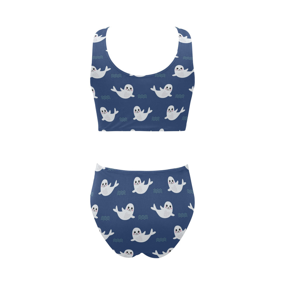 Cute white baby sea lion seal pattern Chest Bowknot High Waisted Bikini Swimsuit