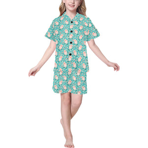 Pig Pattern Print Design 01 Kids' Boys' Girls' V-Neck Short Pajama Set