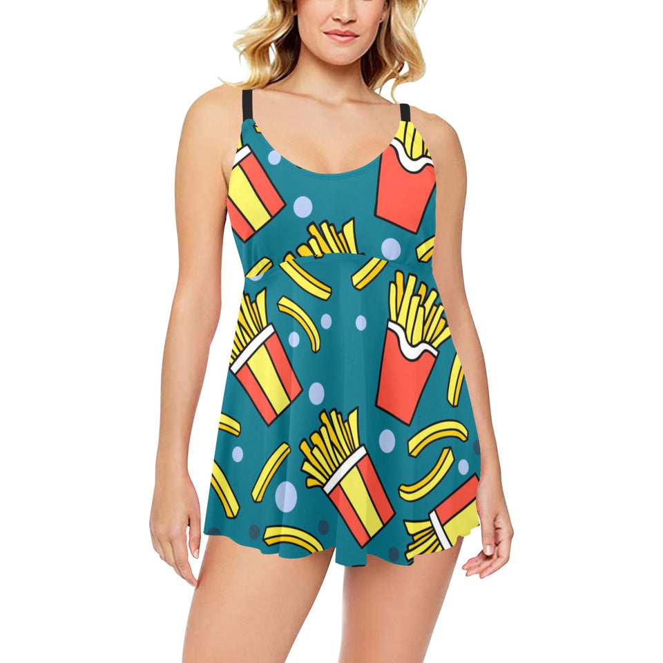 French fries red paper box pattern Chest Sexy Pleated Two Piece Swim Dress