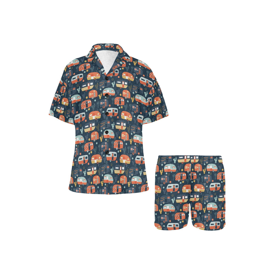 Camper Van Pattern Print Design 05 Women's V-Neck Short Pajama Set