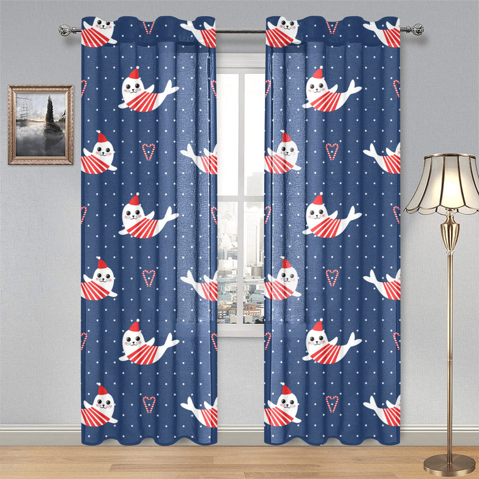 Cute sea lion seal christmas hat candy cane heart Gauze Curtain