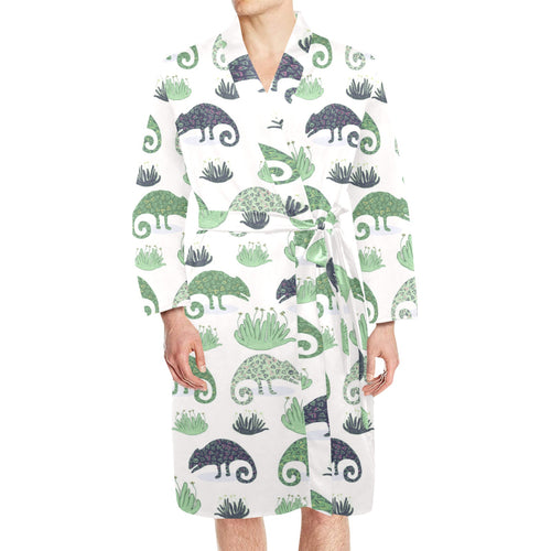 Chameleon lizard succulent plant pattern Men's Long Sleeve Belted Night Robe
