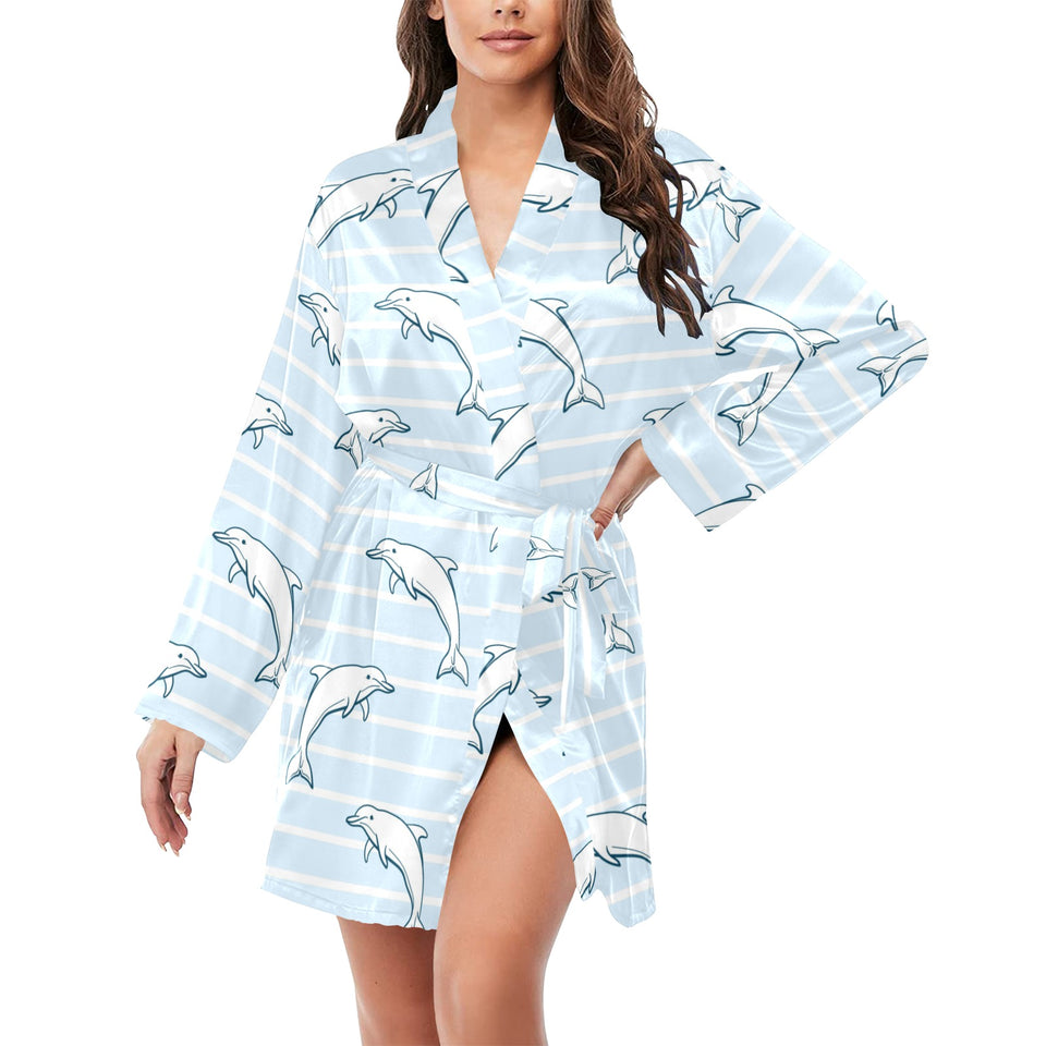 Dolphin blue striped background Women's Long Sleeve Belted Night Robe