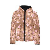 Pink sakura cherry blossom drak brown background Kids' Boys' Girls' Padded Hooded Jacket