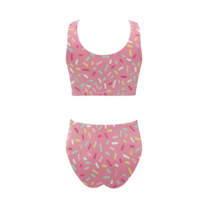 Pink donut glaze candy pattern Chest Bowknot High Waisted Bikini Swimsuit
