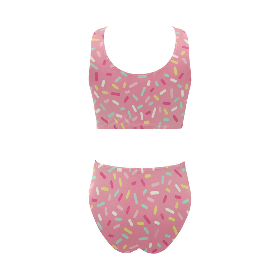 Pink donut glaze candy pattern Chest Bowknot High Waisted Bikini Swimsuit