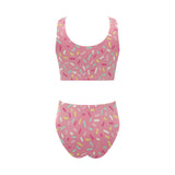 Pink donut glaze candy pattern Chest Bowknot High Waisted Bikini Swimsuit