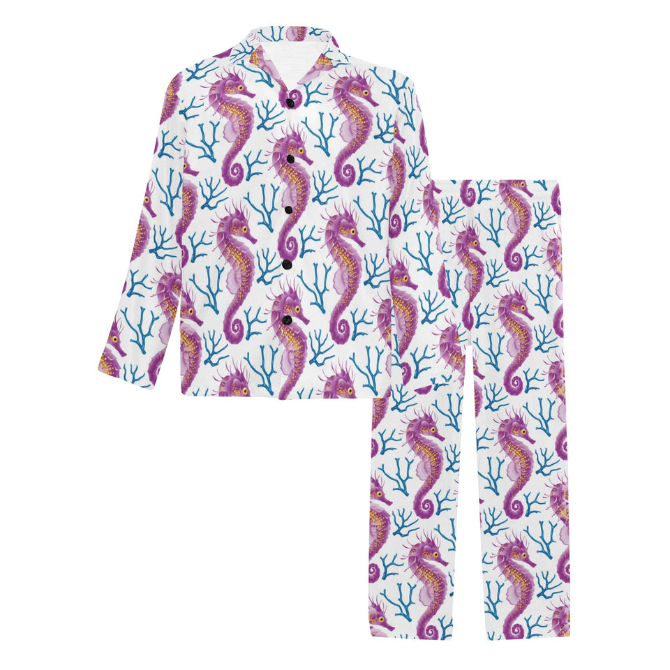 Purple seahorse blue coral pattern Men's Long Pajama Set