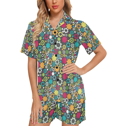 Gear Pattern Print Design 03 Women's V-Neck Short Pajama Set