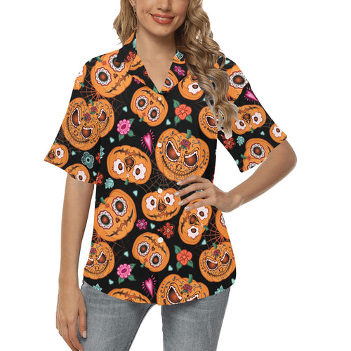 Pumpkin flowers spiderweb Halloween theme Women's All Over Print Hawaiian Shirt