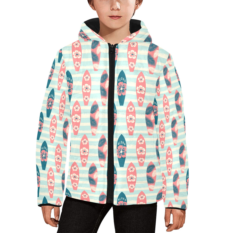 Surfboard Pattern Print Design 02 Kids' Boys' Girls' Padded Hooded Jacket