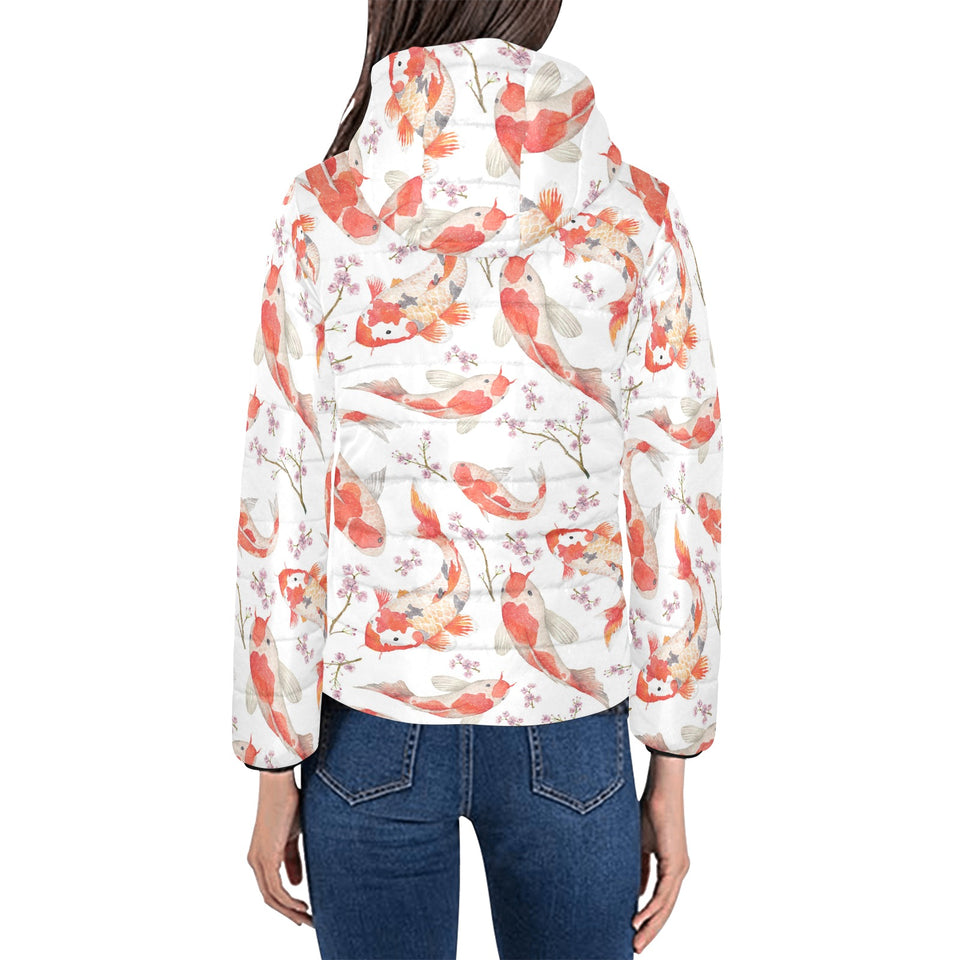 Watercolor Koi Fish Carp Fish pattern Women's Padded Hooded Jacket