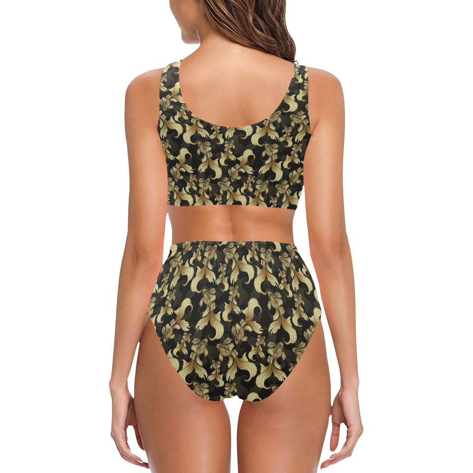 Goldfish Pattern Print Design 01 Chest Bowknot High Waisted Bikini Swimsuit