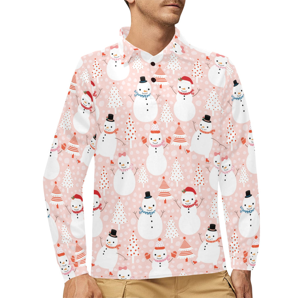 Cute snowman christmas tree snowpink background Men's Long Sleeve Polo Shirt