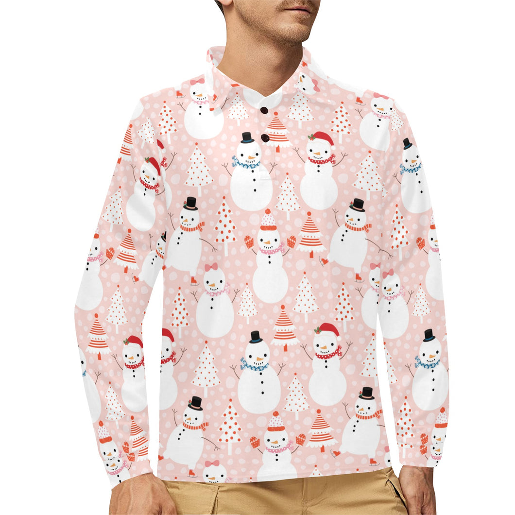 Cute snowman christmas tree snowpink background Men's Long Sleeve Polo Shirt