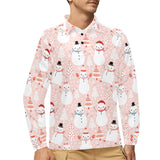 Cute snowman christmas tree snowpink background Men's Long Sleeve Polo Shirt