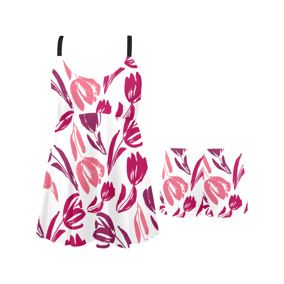 pink sketch tulip pattern Chest Sexy Pleated Two Piece Swim Dress