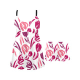 pink sketch tulip pattern Chest Sexy Pleated Two Piece Swim Dress