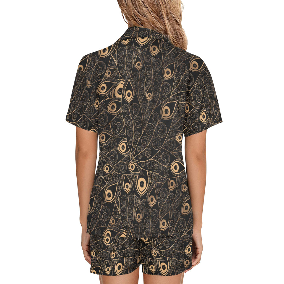 Gold peacock feather pattern Women's V-Neck Short Pajama Set