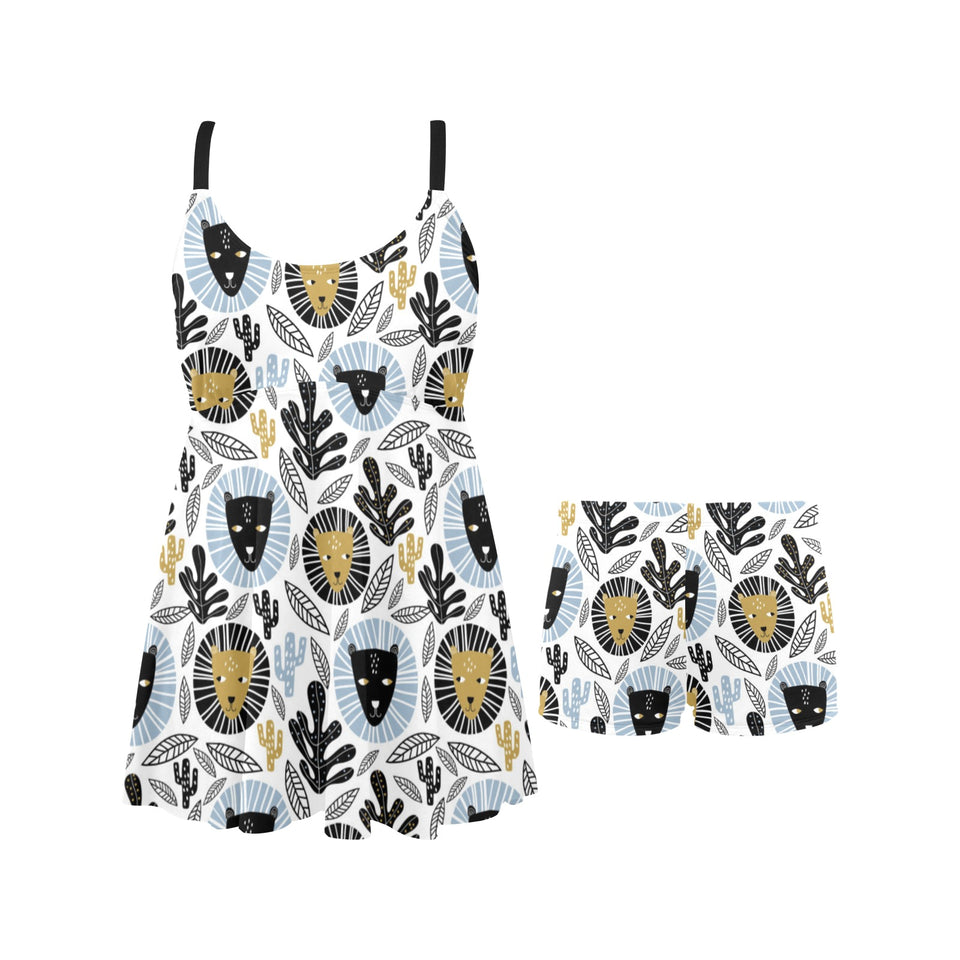 Lion Pattern Print Design 05 Chest Sexy Pleated Two Piece Swim Dress