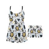 Lion Pattern Print Design 05 Chest Sexy Pleated Two Piece Swim Dress