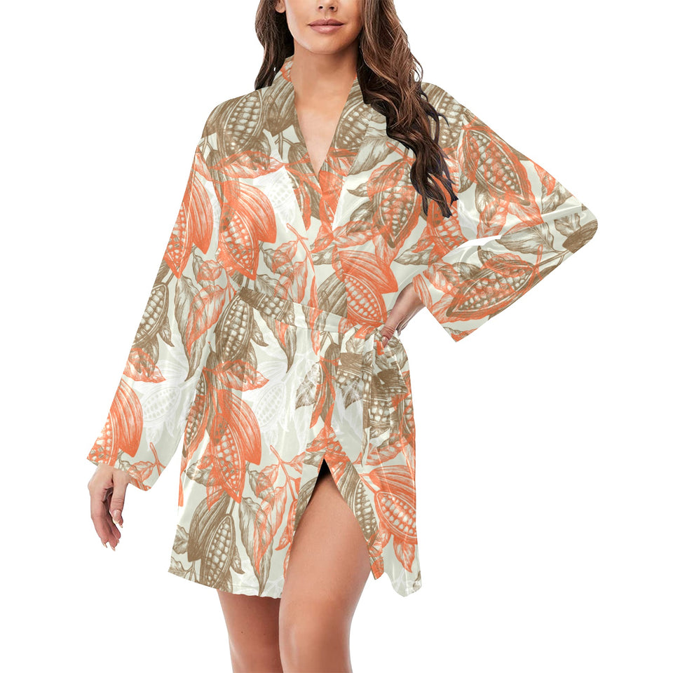 Cocoa beans Cocoa tree pattern Women's Long Sleeve Belted Night Robe