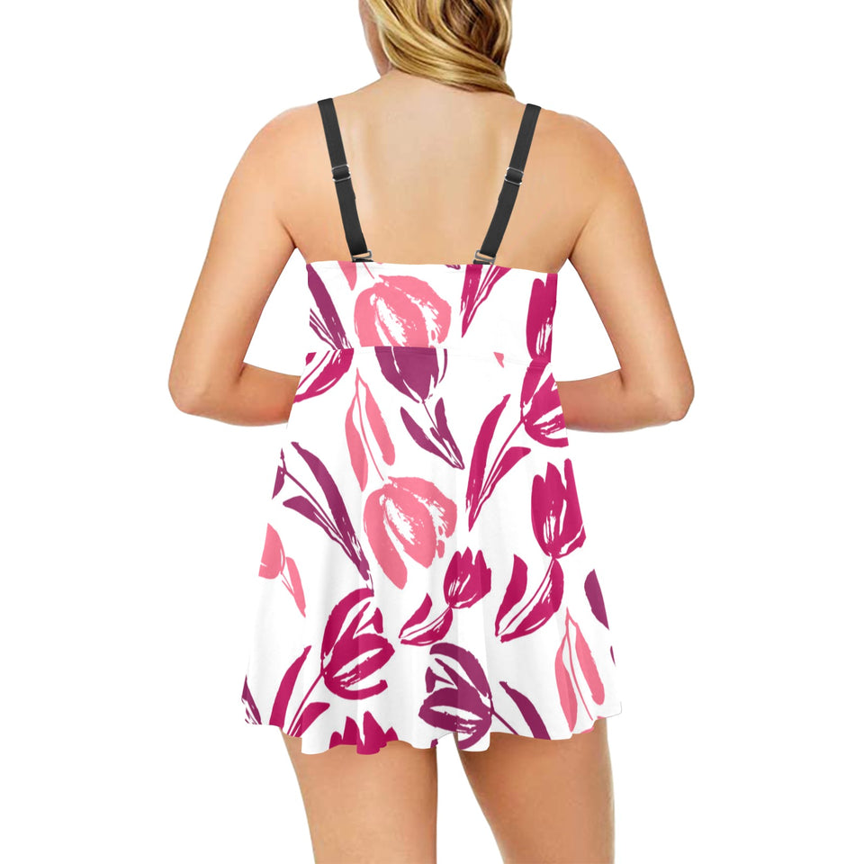 pink sketch tulip pattern Chest Sexy Pleated Two Piece Swim Dress