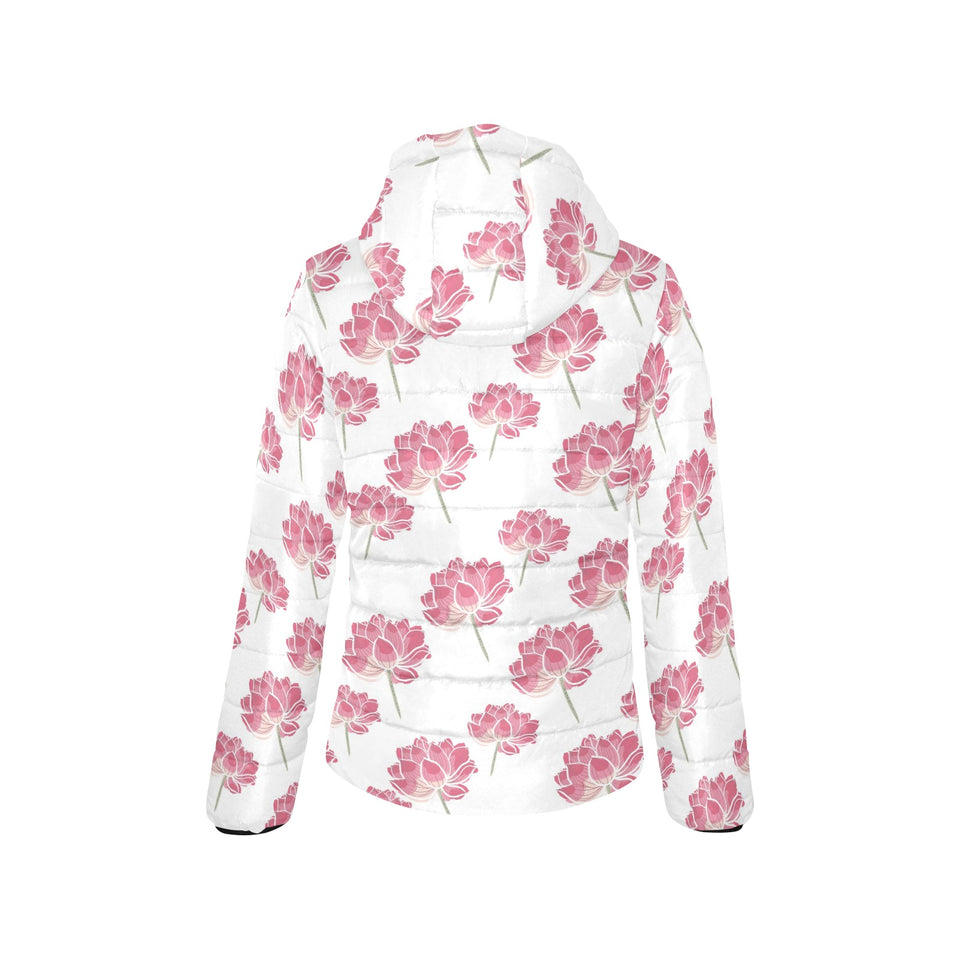 Pink lotus waterlily pattern Women's Padded Hooded Jacket