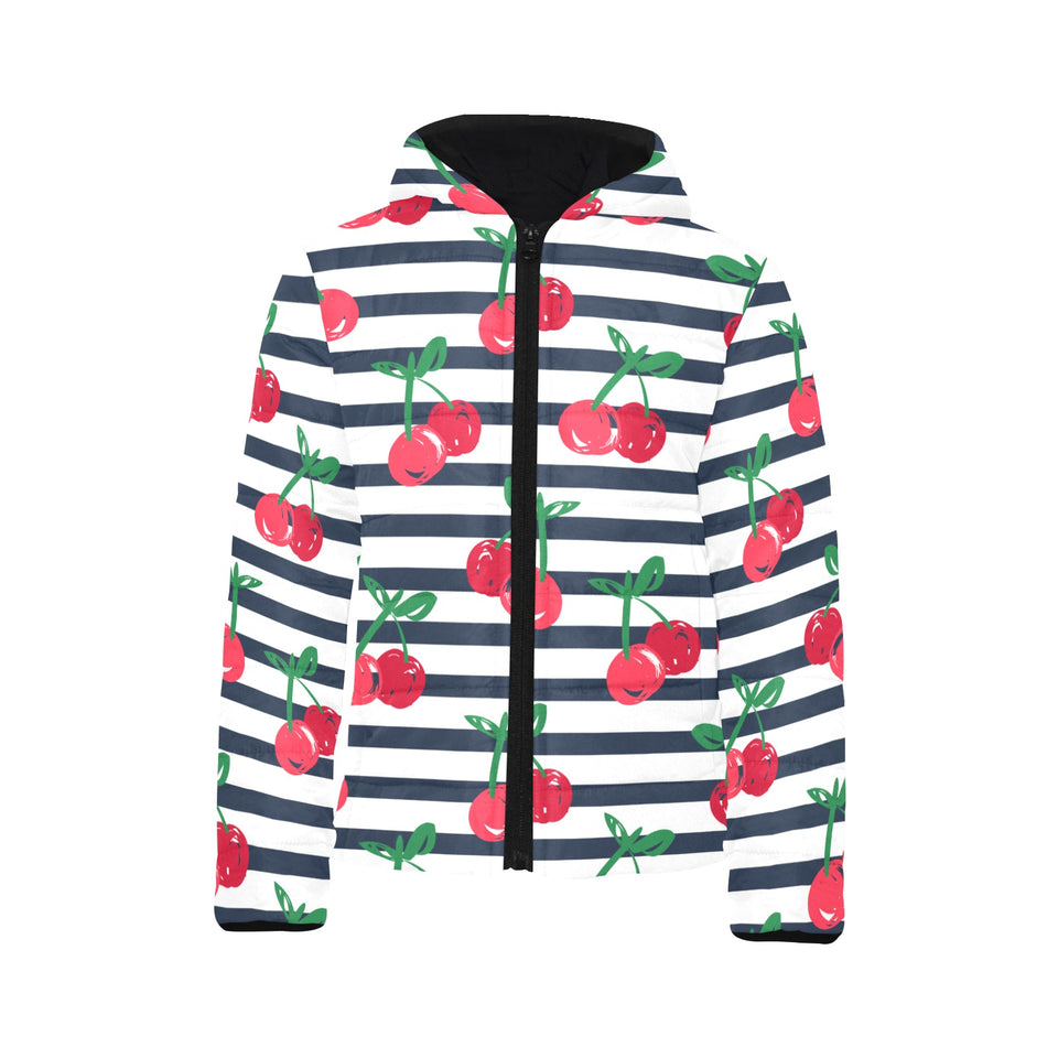 Hand drawn cherry pattern striped background Kids' Boys' Girls' Padded Hooded Jacket