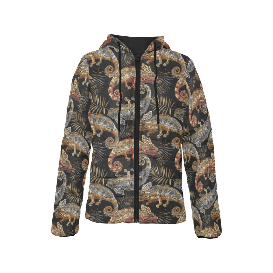 Chameleon lizard tropical leaves palm tree Women's Padded Hooded Jacket