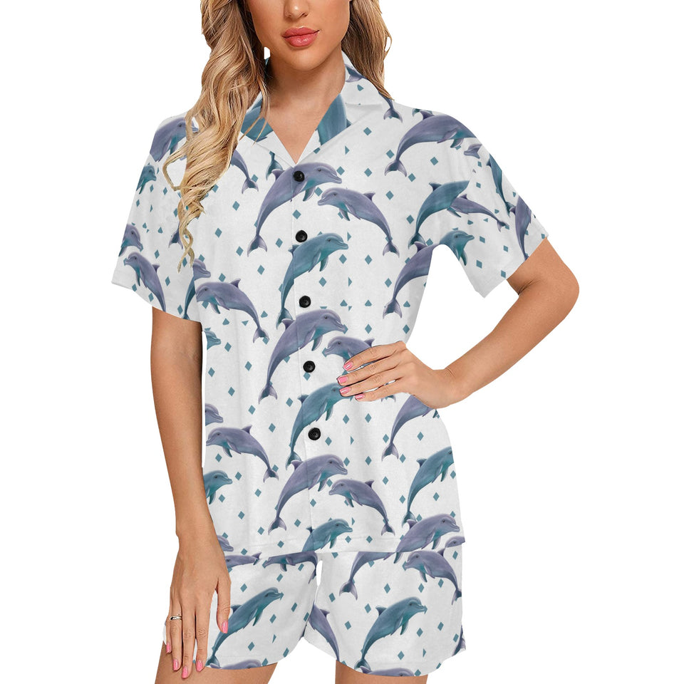 Dolphins pattern dotted background Women's V-Neck Short Pajama Set