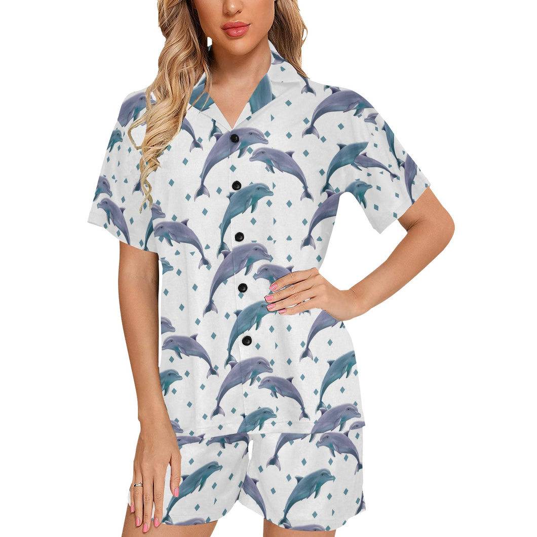 Dolphins pattern dotted background Women's V-Neck Short Pajama Set