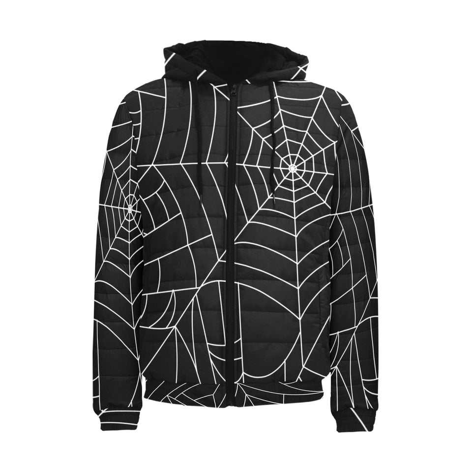 Spider web pattern Black background white cobweb Men's Padded Hooded Jacket
