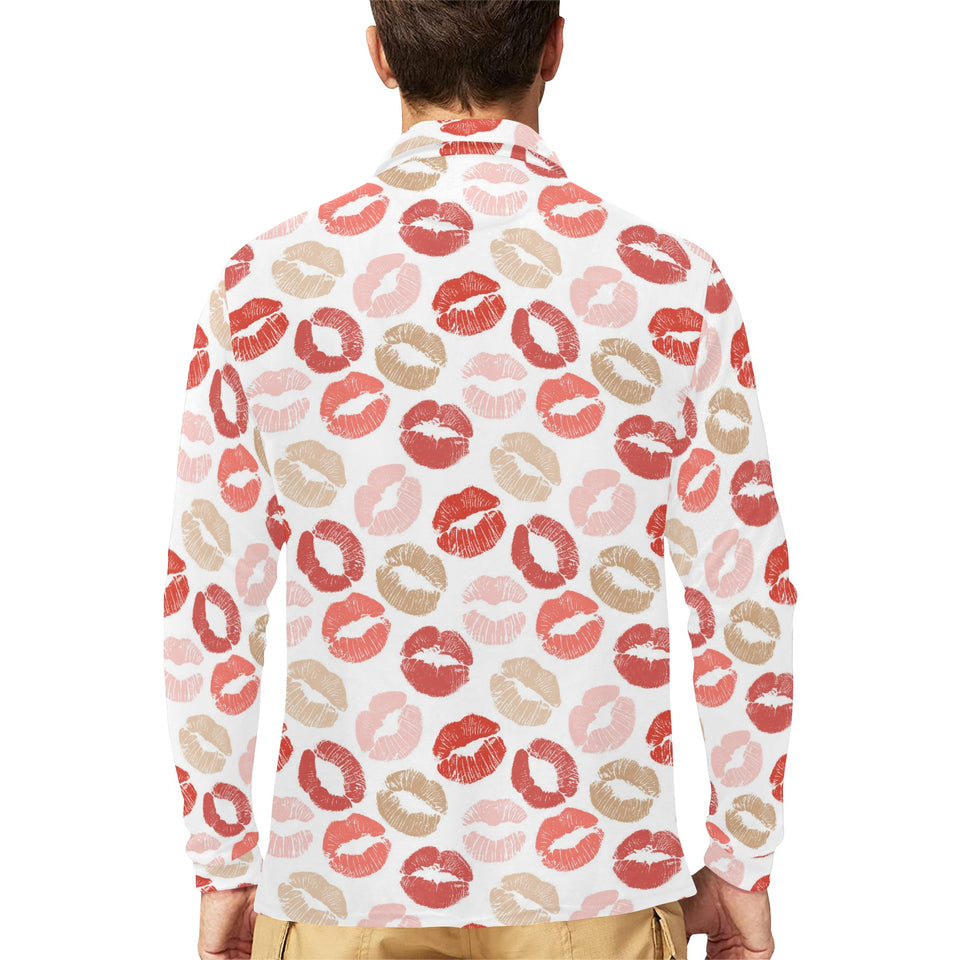 Lips Pattern Print Design 04 Men's Long Sleeve Polo Shirt