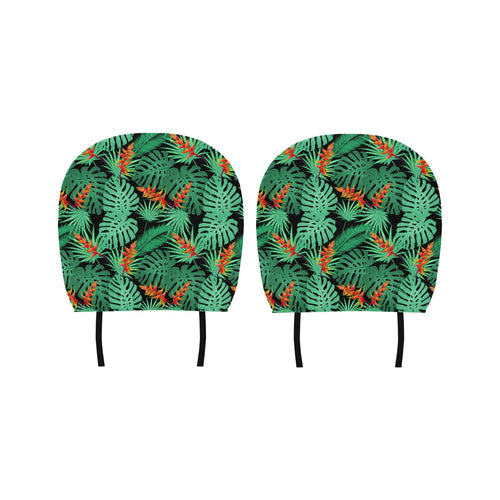 heliconia flower palm monstera leaves black backgr Car Headrest Cover