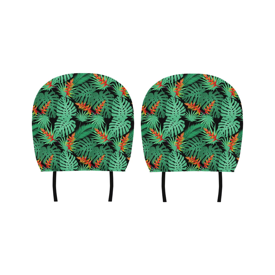 heliconia flower palm monstera leaves black backgr Car Headrest Cover