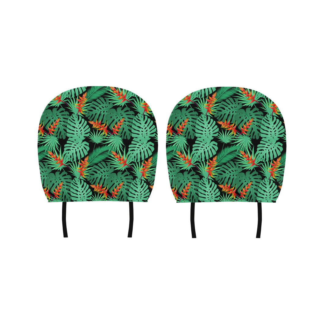 heliconia flower palm monstera leaves black backgr Car Headrest Cover